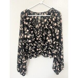 Free People Final Rose Floral Blouse in Black Combo Womens Size Large Peasant